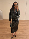 Women 2‑Piece Outfit Glossy Waxed Faux Leather Zip‑Up Jacket And High Waist Split Midi Skirt Set Fall Streetwear Matching Suit
