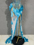Strapless Rhinestone Evening Gown 3D Leaf Feather Appliques Sheer Mesh LongDress Prom Birthday Party Performance Formal Costume