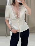 Sexy V-neck Lace Patchwork Solid Top Women Short Sleeve Single Breasted Lace Up Loose Tops Female Spring Chic Casual Streetwear