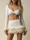 White Spliced Fungus Two Piece Set Female V Neck Long Sleeve Vest Beach Vacation Women's Skirt Sets Summer Fashion