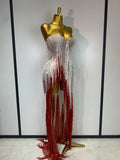 Sparkly Tassel Pearl Strapless High Slit Dress Luxury Evening Party Gown Nightclub Singer Performance Costume Festival Dresses