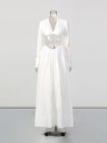 Chic White Two Piece Sets for Women Lapel Long Sleeves Crop Top Irregular Waist Maxi Skirt Set for Art Exhibition
