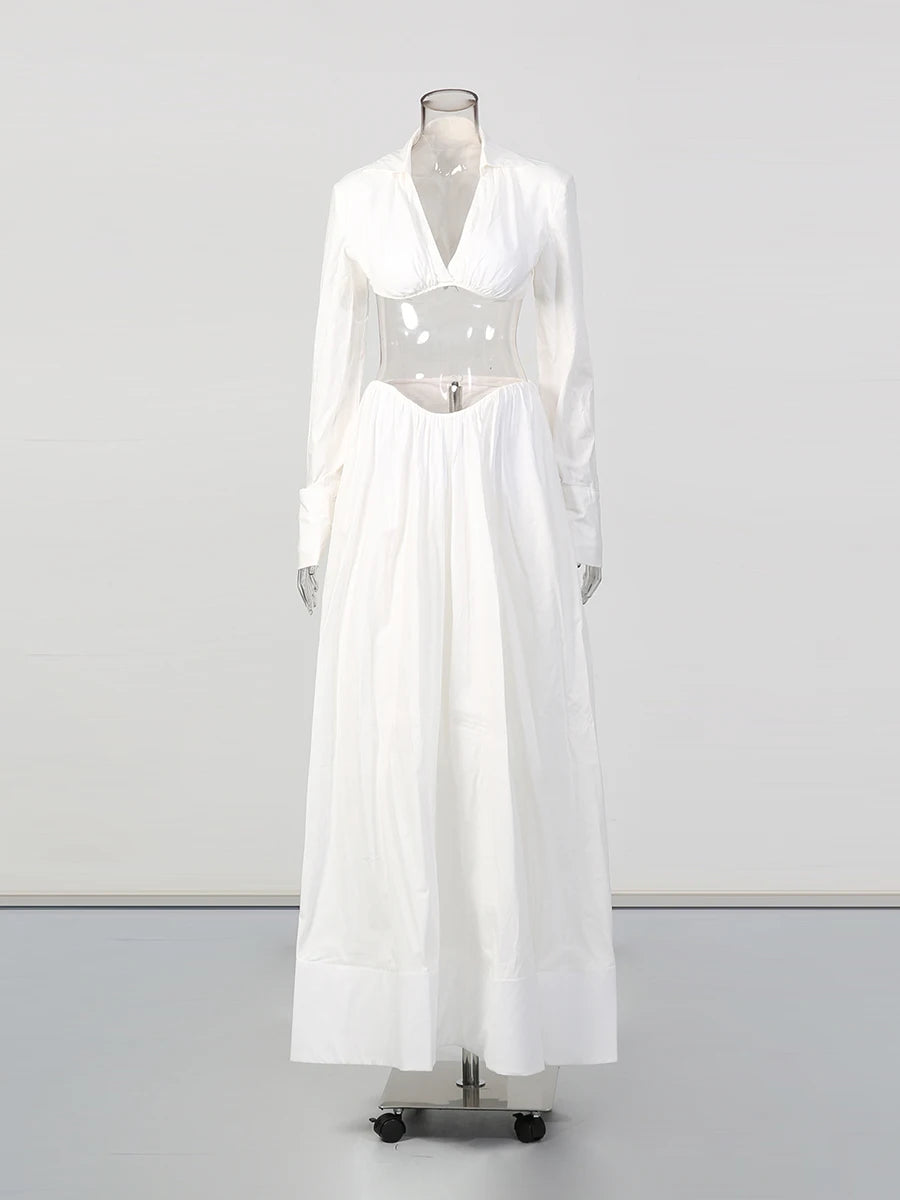 Chic White Two Piece Sets for Women Lapel Long Sleeves Crop Top Irregular Waist Maxi Skirt Set for Art Exhibition