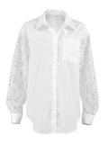 Office Spliced Back Sheer Hollow Blouse for Women Lapel Long Sleeve Patchwork Single Breasted Shirt Female 2026 New