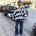 Fashion Striped Sweater Cardigan With Scarf Female Loose Thin Hollow Knitted Top Lantern Sleeve Contrast Color Retro Top