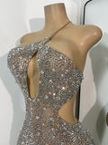 Sparkly Silver Rhinestones Mini Dress Luxury Women Sexy Mesh Hollow Out Celebrity Birthday Cocktail Dresses Performance Wear