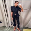 Lace Cutout Peplum Jacket Stand Collar Puff Sleeve Button Front Waist Cinched Outerwear 2026 Summer Fashion Lady Elegant Jacket