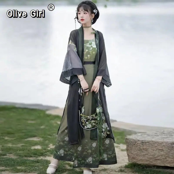 Olivegirl Song Dynasty Hanfu Summer Women's Clothing 2026 Embroidered Flower Coat Changgan Temple Strap Vest Spinning Skirt