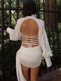 Sexy Backless Dress Women Polo-Neck See Through Full Sleeve Ruched Kink Ribbon Midnight Club Party Solid Mini Bodycon