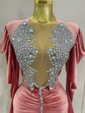 Luxury Sparkly Crystals Sexy Mesh White Velvet Short Dress 2025 Women Elegant Evening Prom Birthday Party Dresses Stage Costume