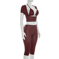 Sexy Fashion 3 Piece Set Woman Polka Dot Print Halter Bra Tops+Low-Neck Mini Sleeve Tees+Skinny Crop Pants Outfits