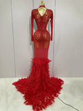 New Sexy Sparkling Red Crystals Feathers Long Sleeve Mermaid Maxi Dress Women Wedding Celebrate Luxury Birthday Party Prom Gown