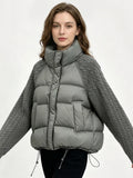Women Cropped Puffer Jacket Stand Collar Cable Knit Sleeves Patchwork Zip Up Lightweight 2026 Lady Quilted Winter Warm Outerwear