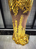 Sparkly Golden Sequiend Women Sleeveless Sexy O-Neck Mesh Bodycon Gowns Dress Elegant Evening Party Celebrity Red Carpet Dress