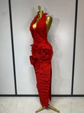 Women Sexy Backless Red Ruffled Flower Maxi Long Bodycon Bandage Dress Celebrity Elegant Evening Party Nightclub Birthday Dress