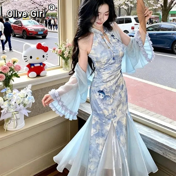 Olive Girl Blue Romantic Qipao for Garden Wedding 2026 Fairycore Photoshoot Everyday Wear S-XXL XS-3XL Plus Size Romantic Garden Party Editorial Not Costume Qipao Cheongsam Chinese Dress Chinese Heritage Fashion Women