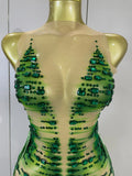 Women Sparkly Green Rhinestone Tassels Sexy Latin Dancer Mesh Bodysuit Eveing Party Birthday Nightclub Performance Stage Costume