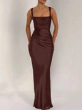 Sexy Satin Evening Long Dresses for Women Square Collar Sleeveless High Waist Folds Slimming Bodycon Dress Female