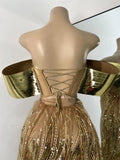 Flashing Gold Long Party Dress Luxury Diamonds Sequins See Thourgh Birthday Gown Sexy Off Shoulder Performance Singer Costume