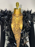 Women Sparkly Gold Rhinestone Black Velvet Long Sleeve Bodysuit Evening Party Club Gala Hosts Night Club Bar Stage Costumes