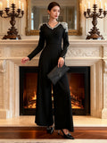 Elegant Slim Fit Long Sleeved Jumpsuit 2026 New Heavy Industry Bead Diamond High Waist Solid Color Long Jumpsuit