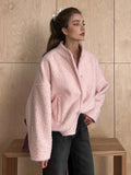 Pink Short Fur Jacket Coat For Women Autumn Winter Casual Stand Collar Pocket Loose Fashion Long Sleeve Jacket Top Female