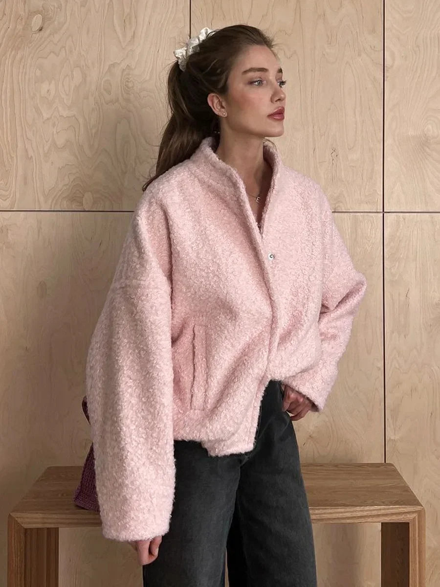 Pink Short Fur Jacket Coat For Women Autumn Winter Casual Stand Collar Pocket Loose Fashion Long Sleeve Jacket Top Female