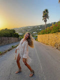 Beige Embroidered Long Tunic Top V Neck Long Sleeve Lace Fringe Hem Boho Blouse 2026 Summer Beach Vacation Cover‑up Streetwear
