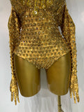 Sexy Strapless Gold Shinning Rhinestone Bodycon Bodysuit With Glove Bar Dancer Nightclub Singer DJ Stage Costume Birthday Outfit