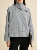 Minimalist Casual Style Gray Oversized Shirt for Women Stand Collar Long Sleeve Buttons Accent for Office Commute