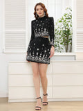 Two Piece Sets for Women Stand Collar Long Sleeve Spliced Diamonds Top High Wiast Mini Skirt Elegant Outfit Female