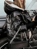 Women Hooded Quilted Mid-Length Puffer Coat Zipper Shiny Surface Warm Cotton Padded Jacket 2026 Fashion Casual Winter Outerwear