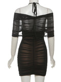 Y2K Mesh Halter Dress Women Sexy Ruched Patchwork Pleat Lace-Up V-Neck Button Elegant Peach Hip Stretch Slim Bodycon