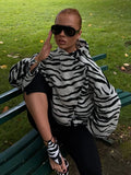 Chic Retro Zebra Print Cropped Jacket Trendy Oblique Placket Stand Collar Loose Fit Coat Lady Daily Street Party Outerwear