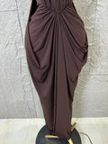Elegant Brown Strapless Bodycon Maxi Dress Women Sexy Ruched Waist Draped Skirt Outfit Date Night Party Costume