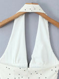 Polka Dot Halter Mini Dress for Women Sleeveless Bow Accent Waist Pleated Bodice Flared Skirt for Fashion Parties