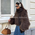 Chic Street Girls Round Neck Faux Mongolia Sheep Fur Coat Women 2026 Winter Fluffy Warm Fur Jacket Cropped Outerwear