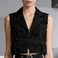 White Fringe Modern Two Piece Set for Women Nitched Collar Sleeves Tank Top Tiered Designmid Skirt Suit for Art Exhibitions