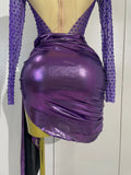 Sexy Mesh See Through Purple Long Sleeves Mini Dress Luxury Sparkly Diamond Birthday Evening Party Nightclub Team Stage Costume