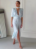 Deep V Neck Printed Ribbon Dress  Elegant Women Lace Patchwork Button Waist Cinching High Split Dress Lady Party Vestidos