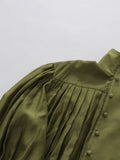 Olive Green Elegant Pleated Dress Women Fashion Solid Stand Neck Lantern Sleeve Double Breasted Loose Mini Dress Women