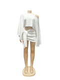 Sexy 2 Piece Set Women Skew Collar Loose Crop Tops+Ruched Knot Ribbon Skirt Matching Beach Vacation Party Club Suit