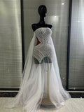 Luxury White Pearl Long Dress Wedding Birthday Drag Queen Photoshoot Dress Women Backless Mesh Sexy Dress Singer Stage Wear