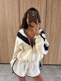 Color Block Zip Up Two Piece Set Women Long Sleeve Stand Collar Cropped Jacket High Waist Shorts 2026 Spring Summer Casual Suit