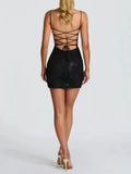 Hot Girl Spaghetti Strap Mini Dresses for Women Square Collar Sleeveless Fish Bone Tunic 3D Decoration Dress Female