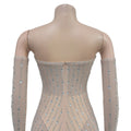 Beautiful Rhinestone Sheer Mesh Maxi Dress With Gloves Glam See-Through Diamonds Long One-Piece Dress Birthday Outfits