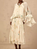 Prairie Chic Two Piece Set for Women V Neck Long Sleeve Patchwork Ruched Top High Waist A Line dress Printed Outfits Female
