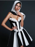 Women's Spring 3D White Rose Black White Striped Tube Top Skirt Fashion Elegant Dinner Party Bandage Performance Gown Robe Femme