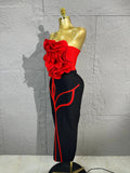 Luxury Elegant Orange Pink Strapless Bodycon Midi Dress Women Sexy 3D Floral Applique Outfit Date Night Party Costum