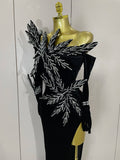 Shiny Diamond Velvet Sexy Side Slit Floor Length Dress With Gloves Women Chic Birthday Banquet Show Host Nightclub Stage Wear